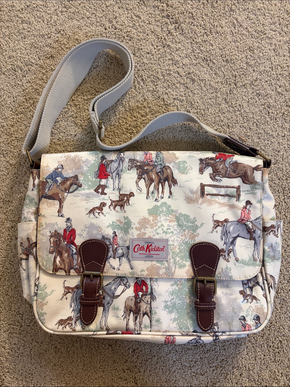Cath Kidston Cream Equestrian-Print Messenger Bag with Brown Trim